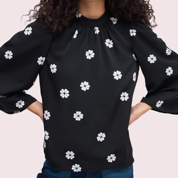 Kate Spade Black Floral Mock Neck Blouse Womens XL Puff Bell Sleeve Crepe Top - Picture 6 of 10